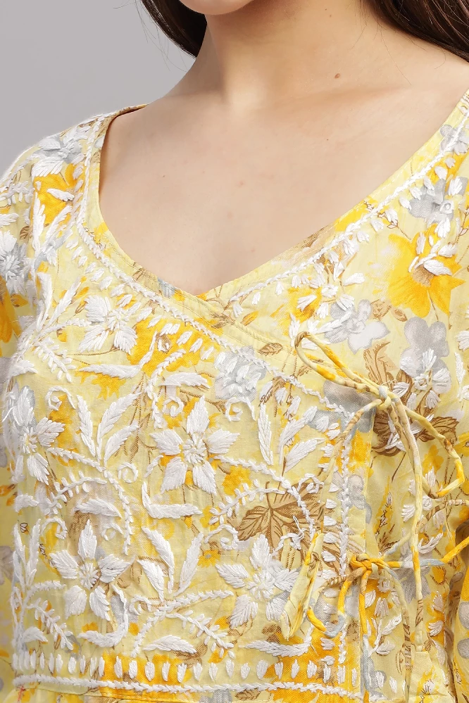 Flowery Yellow Mulmul Cotton Anarkali Gown with White Chikankari Embroidery-8.webp